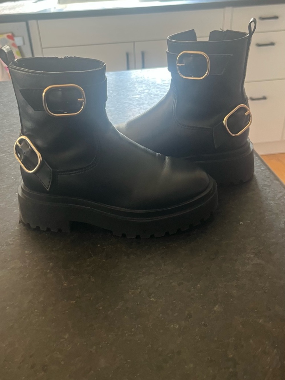 Zara Black Ankle Boots with Gold Buckles